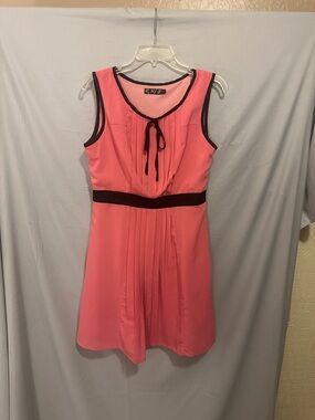 Pink Sleeveless Mini Dress with Black Trim and Tie Neck